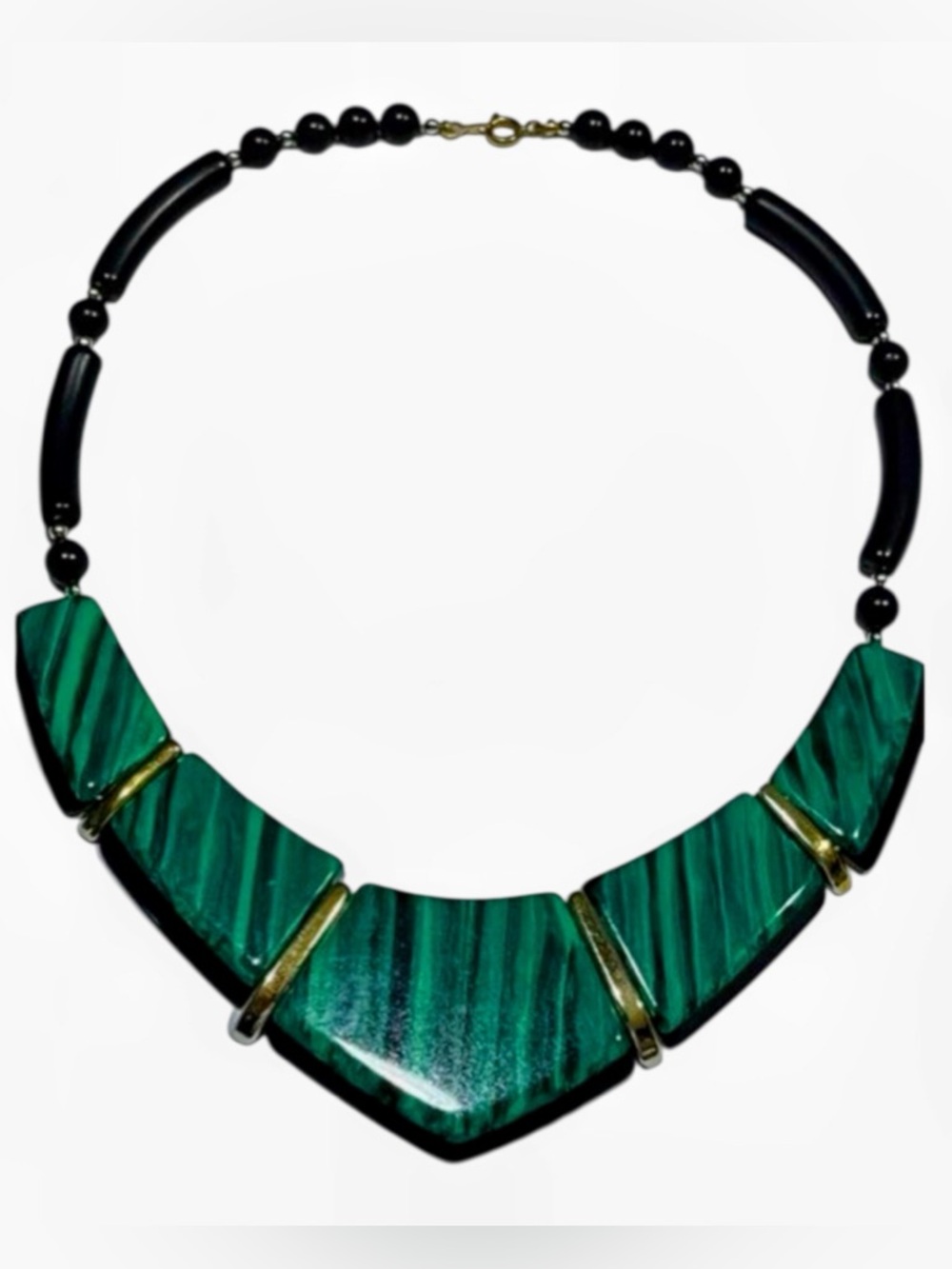 Women’s Vintage Black & Gold Beaded w/ Faux Green Malachite Necklace